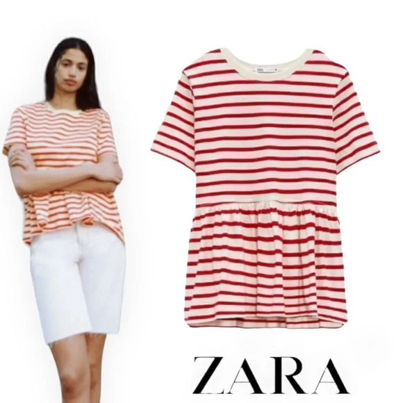 ZARA | Red & White | COMBINED PEPLUM T-SHIRT - Picture 1 of 8